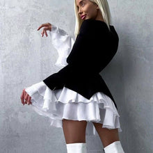 Load image into Gallery viewer, Women Clothing Black White Color Contrast Short Dress V neck Flared Sleeves Elegant A line Dress