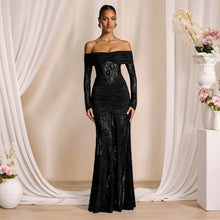Load image into Gallery viewer, Autumn Elegant Lace Stitching off Shoulder Long Sleeve Narrow Dress Maxi Dress Women Evening Dress