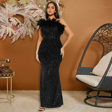 Load image into Gallery viewer, Black Paillette Feather Stitching Sequin Sexy Evening Dress Maxi Dress for Women