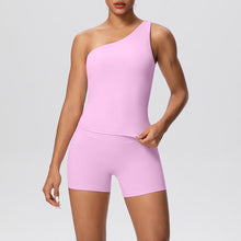 Load image into Gallery viewer, Women Solid Color Oblique Shoulder Strap Beauty Back Exercise Vest Yoga Pants Running Slim Shorts Fitness Yoga Wear Set
