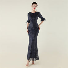 Load image into Gallery viewer, Positioning Floral Sequin Craft Order Ostrich Feather Decorative Evening Dress Long Sleeve Fishtail Cinched Peplum