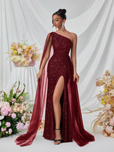 Load image into Gallery viewer, Shoulder Sequined Evening Dress Mesh Ribbon High Slit Design the Dinner Party Stage Maxi Dress