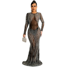 Load image into Gallery viewer, Night Club Sexy Rhinestone Mesh See through Long Sleeve Dress Dress Women