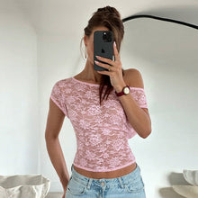 Load image into Gallery viewer, Women Clothing Winter Sexy Slim Hollow Out Cutout Lace Diagonal Collar Tight T shirt Sheer Top
