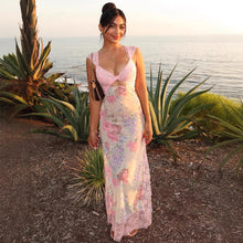 Load image into Gallery viewer, Vacation Sexy Lace Stitching Printed Irregular Asymmetric Slit Cutout Sling Dress Beach Dress