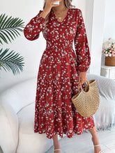 Load image into Gallery viewer, Autumn Winter Elegant Floral V neck Long Sleeve Waist Trimming Ruffles A line Women Clothing