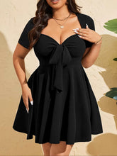 Load image into Gallery viewer, Black Women Wear Elegant Pinch Pleated V neck Lace up Short Sleeve A line Short Dress
