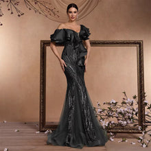 Load image into Gallery viewer, Elegant Ruffle Sleeve Sequin Elegant Cocktail Party Dinner Dress Backless Luxury Fishtail Graduation Evening