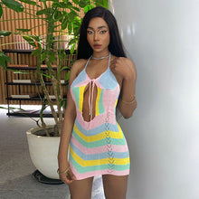 Load image into Gallery viewer, Wave Striped Contrast Color Product Mother Halter Straps Backless Chest Hollow Out Cutout Sexy Woolen Short Dress Women