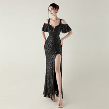 Load image into Gallery viewer, Bead Tube Sequin Heavy Industry Evening Dress Short Sleeve off the Shoulder Deep V Plunge High Slit Fishtail Dress Cocktail Socialite