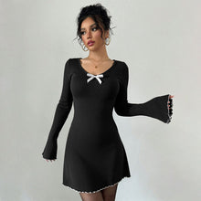 Load image into Gallery viewer, Elegant Hepburn Knitted Black White Contrast Color Bell Sleeve Slim Fit A line Long Sleeve Dress