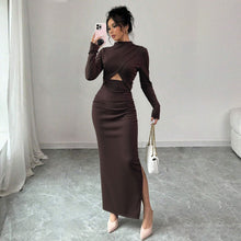 Load image into Gallery viewer, Autumn Winter Sexy Slit Slim Fitting Cropped Outfit Long Sleeve Mid Length Long Sleeve Dress