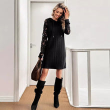 Load image into Gallery viewer, Autumn Winter Elegant Women Lace Patchwork Raglan Sleeve Hoodie with Drawstrings Casual Dress