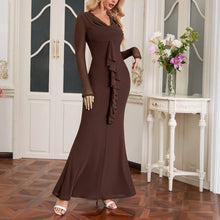 Load image into Gallery viewer, Spring Autumn Mesh Long Sleeved Dress Sexy Swing Collar Wooden Ear Decoration Slim Fit Sheath Dress