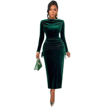 Load image into Gallery viewer, Dark Green Velvet Dress Women Autumn Winter Long Sleeve Slim Fit Slimming Side Pleated Maxi Dress Light Luxury Inner Wear