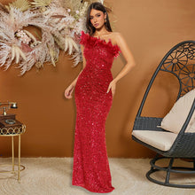 Load image into Gallery viewer, Black Paillette Feather Stitching Sequin Sexy Evening Dress Maxi Dress for Women