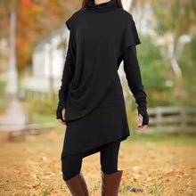 Load image into Gallery viewer, Autumn Winter Black High Collar Irregular Asymmetric Faux Two Piece Long-Sleeved Dress Women