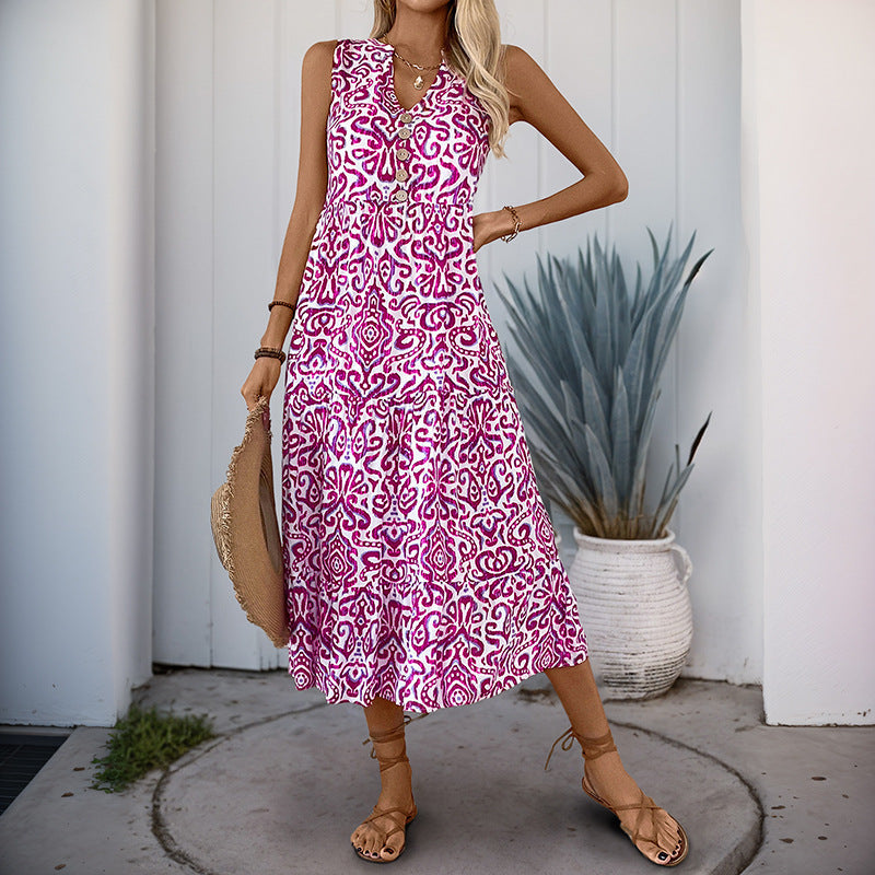 Summer Mid Length Sleeveless V neck Abstract Pattern Printing Dress