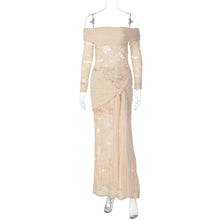 Load image into Gallery viewer, Women Clothing Autumn Elegant Lace Patchwork Maxi Dress off Shoulder Long Sleeve Tied Dress