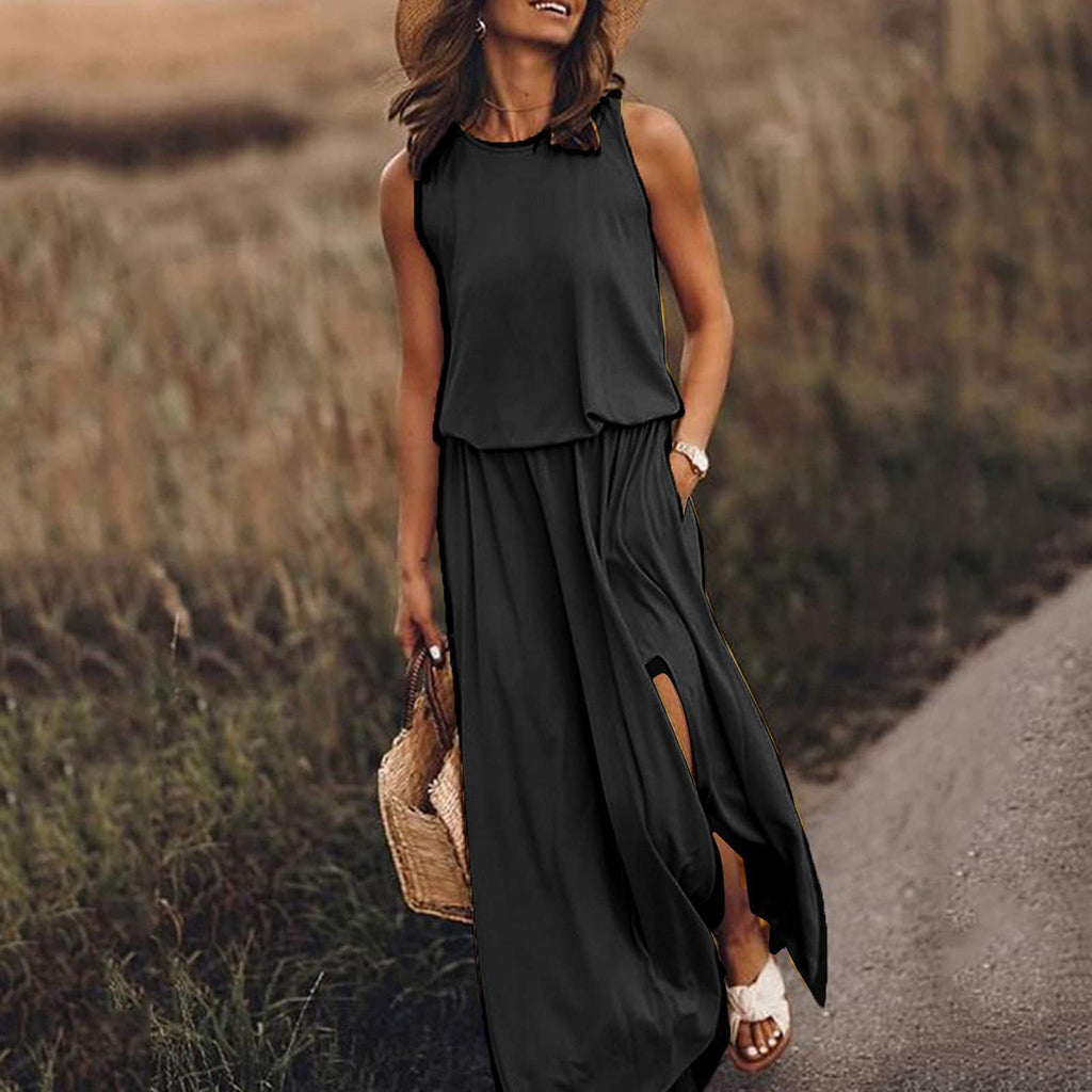 Spring Summer Women Clothing round Neck Sleeveless Dress Split Solid Color Casual Office Dress