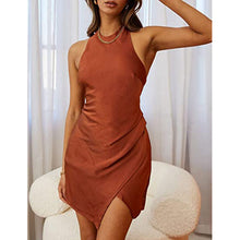 Load image into Gallery viewer, Women Clothing Solid Satin Halter Backless Slit Mini Dress Gown