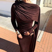 Load image into Gallery viewer, Autumn Winter Slim Fitted Waist Pleated Ribbon Solid Color Maxi Dress
