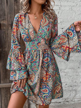 Load image into Gallery viewer, Autumn Winter Elegant Women Floral Print V neck Flare Sleeve Dress