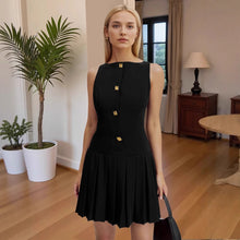 Load image into Gallery viewer, Spring Summer Simple Women Clothing Personalized Wide Hem Pleated Waist Tight Solid Color Sleeveless Short Dress