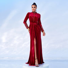 Load image into Gallery viewer, High End Long Sleeve Crew Neck Sexy Long Velvet Cocktail Evening Dress Bridesmaid Dress Women Dress