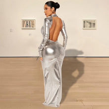 Load image into Gallery viewer, Autumn Winter Metallic Sexy Backless Skinny Slimming Slim Dress Women Metallic Coated Fabric Dress