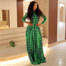 Load image into Gallery viewer, Retro Elegant Women Pleated Big Hem A line Dress Turtleneck Long Sleeve Printed Waist Controlled Dress