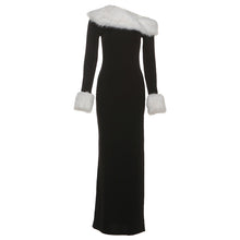 Load image into Gallery viewer, Autumn Winter Women Sexy Fur Collar Stitching Slim Fit Oblique Shoulder Color Matching Long Sleeve Elegant Dress