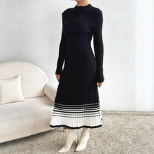 Load image into Gallery viewer, Women Clothing Underskirt Women Woolen Dress Black White Striped Pleated Dress Sweater Long Dress