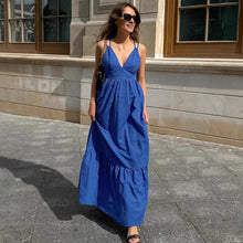 Load image into Gallery viewer, French Vacation Blue Cotton Linen V neck Strap Backless Dress Spring Summer Dress