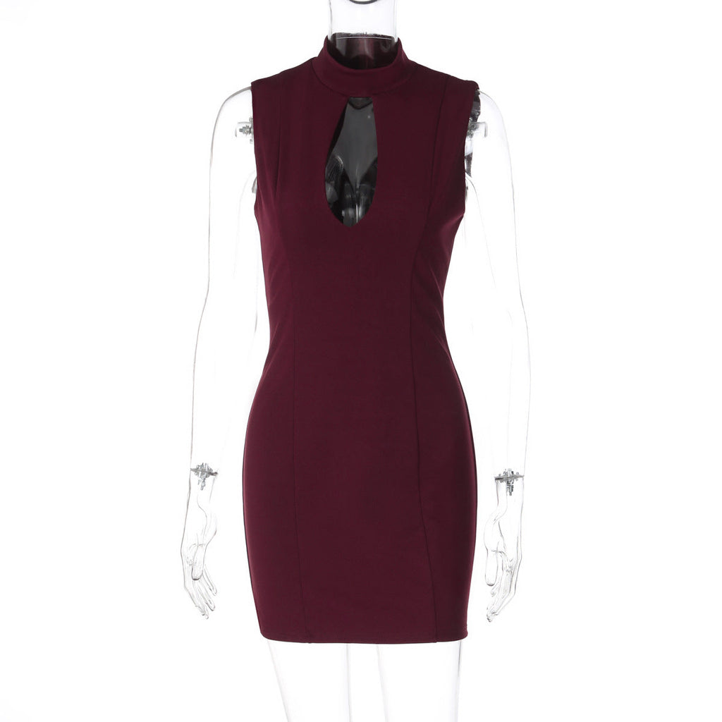 Women Clothing Autumn Winter Sexy Cutout Slim Back Package Hip with a Zipper Dress for Women
