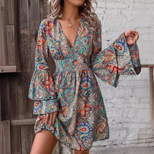 Load image into Gallery viewer, Autumn Winter Elegant Women Floral Print V neck Flare Sleeve Dress