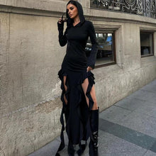 Load image into Gallery viewer, Summer Popular Trend Ruffled Stitching Long Sleeve Hooded Irregular Asymmetric Dress