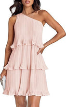 Load image into Gallery viewer, Spring Summer Women Clothing Oblique Shoulder Layered Stitching Hem Solid Color Dress Women