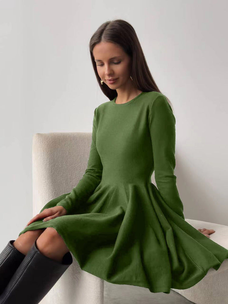 Round Neck Waist Trimming Knitted Dress Women All Match Advanced Pleated Woolen