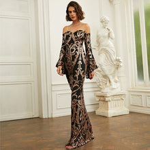 Load image into Gallery viewer, Long Sleeved Elegant Sexy Tight Long Sequined Slim Fit Off Neck Annual Party Evening Dress Women