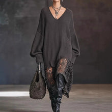 Load image into Gallery viewer, V neck Knitted Dress Irregular Asymmetric Hem Hollow Out Cutout out Loose Dress