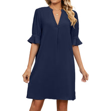 Load image into Gallery viewer, Summer Solid Color V neck Loose Pleated Half Length Sleeve Dress Women