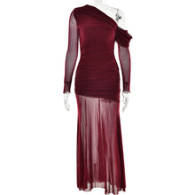 Load image into Gallery viewer, Women Dress Mesh Stitching Pleated Solid Color Long Sleeve Slim Fit Maxi Dress