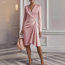 Load image into Gallery viewer, Sexy Slim Fit Slimming Solid Color Hip Dress Long Sleeve V Pleated Design Dress Women