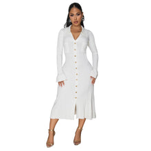 Load image into Gallery viewer, Women Wear V neck Solid Color Dress Single Breasted Long Sleeve Dress