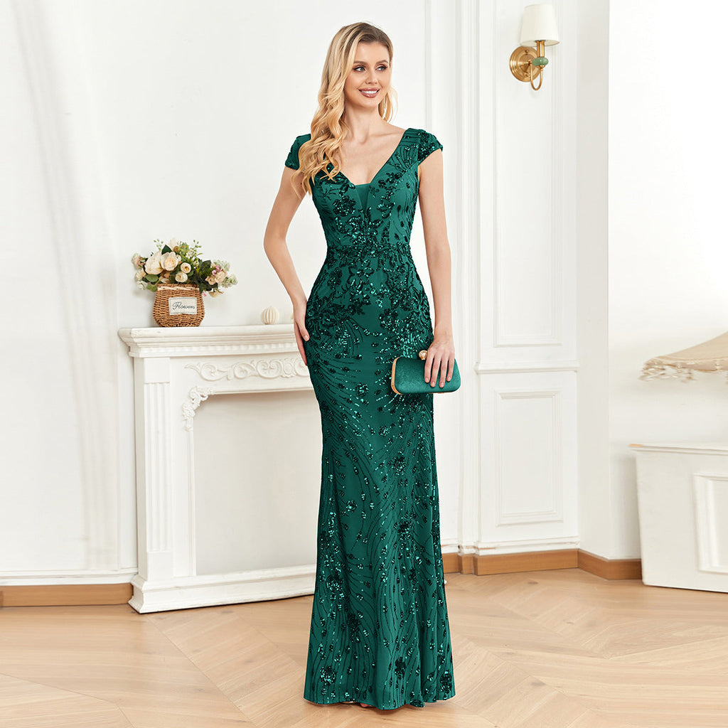 Sequined Champagne Evening Dress Women Cocktail Sexy Slim Fit Fishtail Long Toast Dress