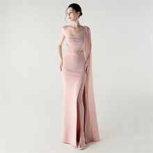 Load image into Gallery viewer, Single Shoulder Crossbody Stitching Mesh Design Satin Slim Cocktail Dress Evening Dress