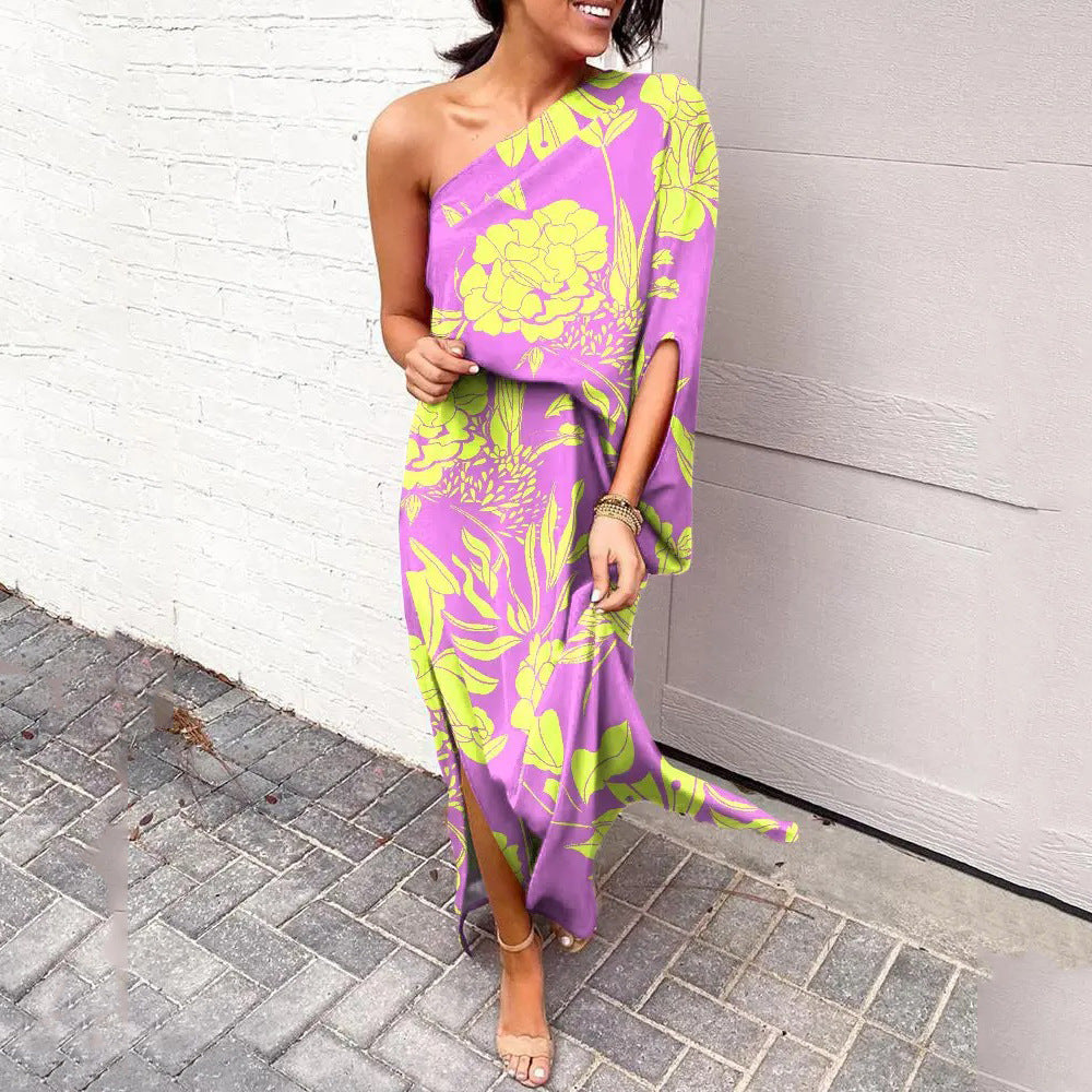 Summer Loose off Shoulder Waist Trimming Printing Dress Women