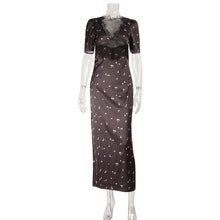 Load image into Gallery viewer, High End Elegant Women Satin Lace V neck Patchwork Hollowed Polka Dot Floral Print Mid Length Sleeves Dress