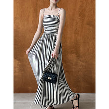 Load image into Gallery viewer, French Striped Bandeau Sling Dress Women High Grade off the Shoulder Pleated Waist Tight A line Long Summer